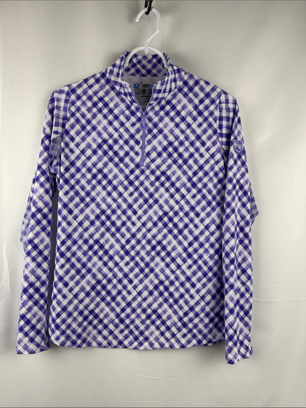 IBKUL Long Sleeve Top Small 1/4 Zip Mock Neck Purple Gingham Check Golf Logo